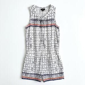 LOFT Linen Blend Antique Tile Romper White Cinch Waist Sleeveless Womens XXS 2XS